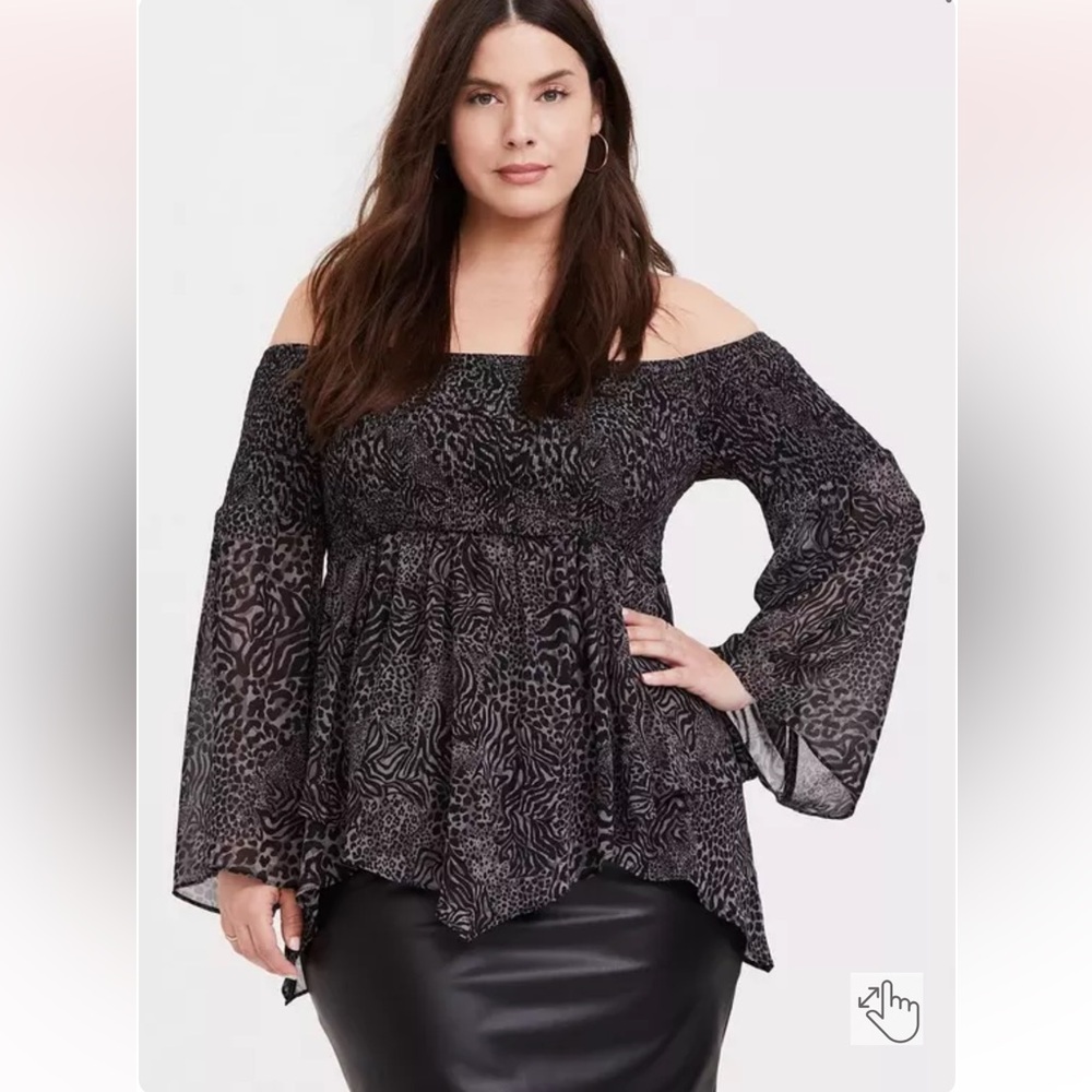 Torrid Babydoll Chiffon Smocked Off Shoulder Top Black 4X